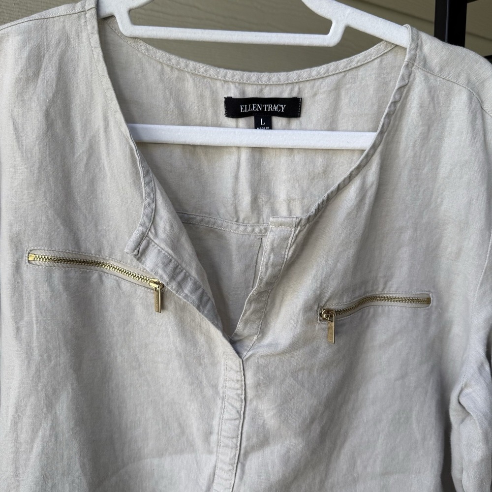 Womens 100% Linen Tan Roll Tab Sleeves, Zip Pockets, Lagenlook Blouse Top Large - Picture 2 of 7